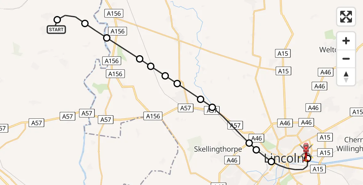 Routekaart van de vlucht: Air Ambulance Helicopter to Lincoln, Milman Road