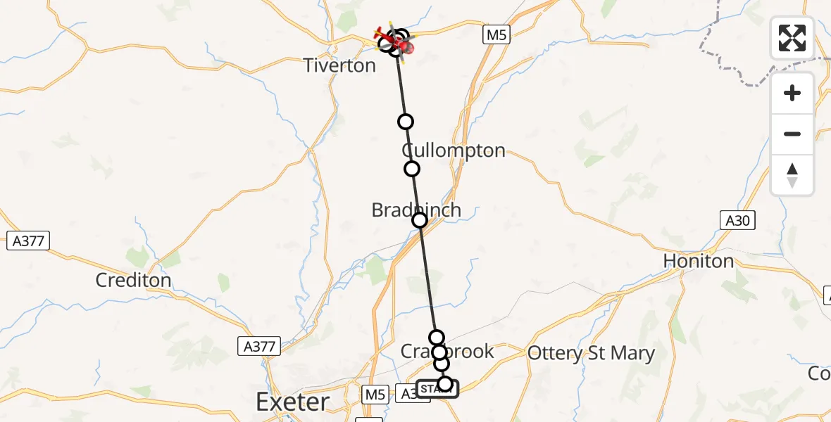 Flight route map: Air Ambulance Helicopter to Uplowman, North Devon Link Road