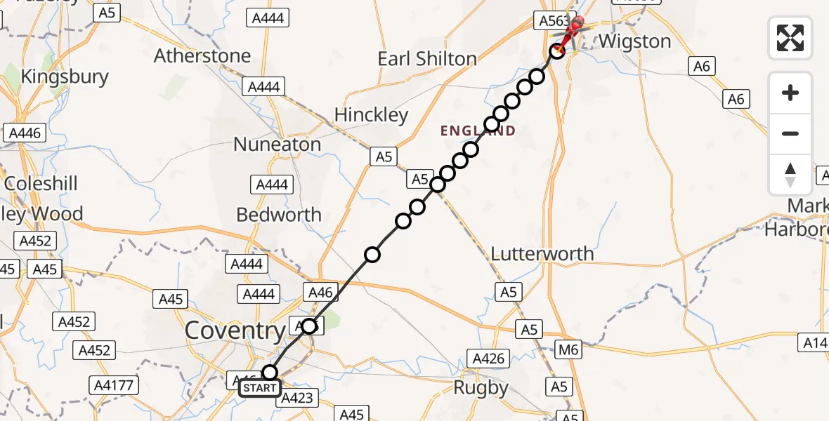 Flight route map: Air Ambulance Helicopter to Blaby, Great Central Way