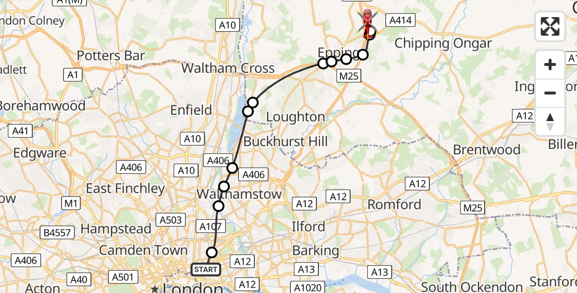 Flight route map: Air Ambulance Helicopter to North Weald Airfield, North Weald Airfield