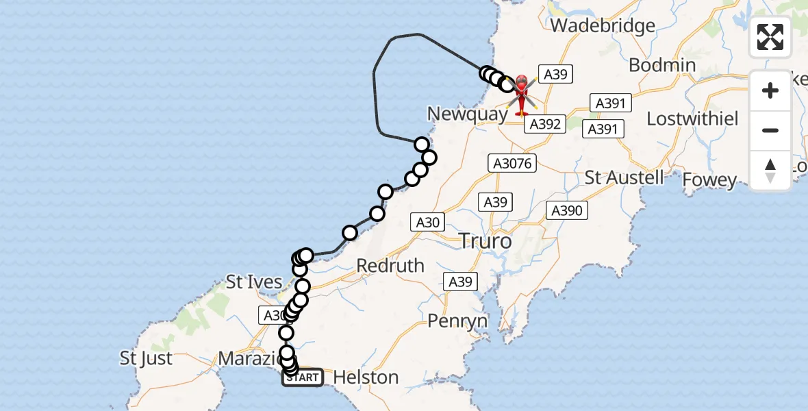 Routekaart van de vlucht: Air Ambulance Helicopter to Cornwall Airport Newquay, Cornwall Airport Newquay
