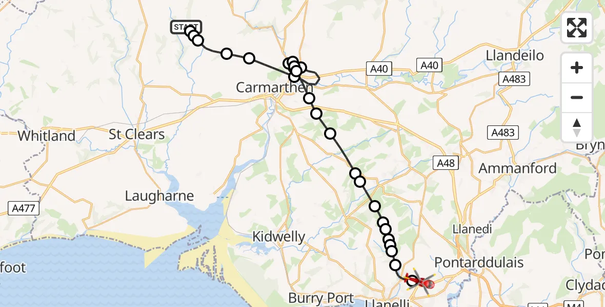 Routekaart van de vlucht: Air Ambulance Helicopter to Dafen, Heol Aur