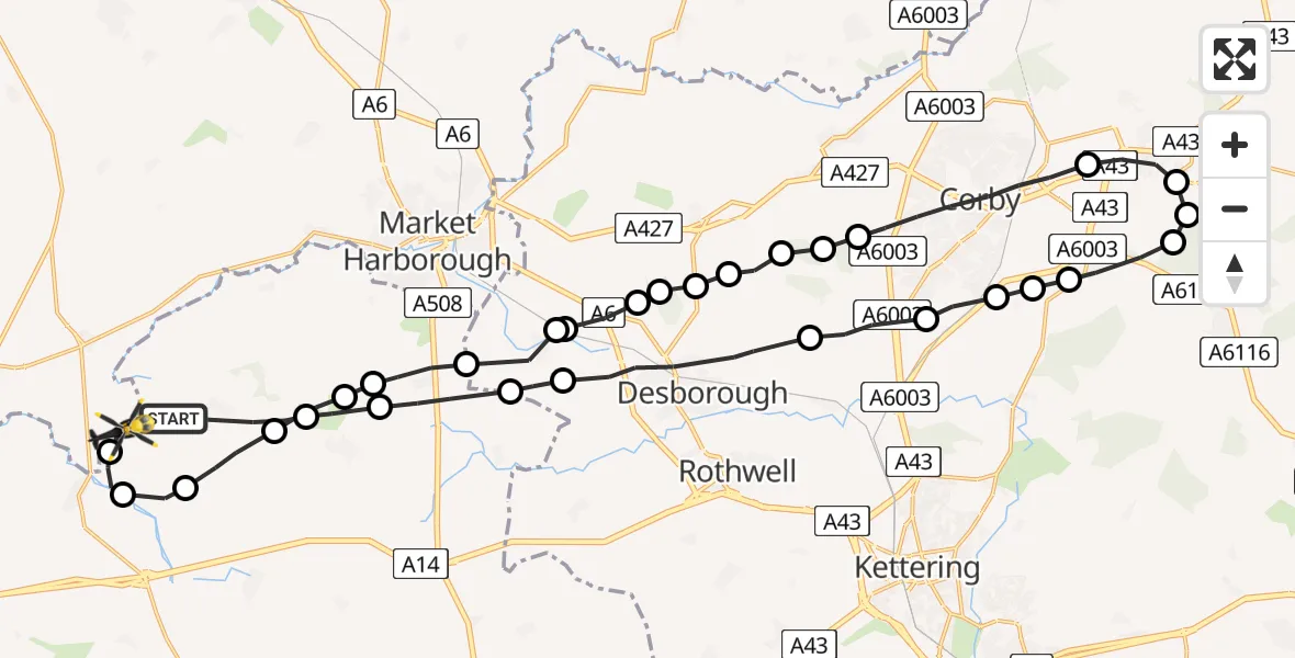 Flight route map: Police Helicopter to Harborough, Sulby Road