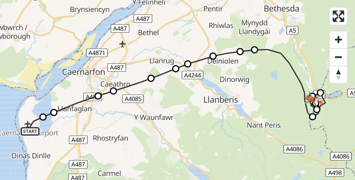 Flight route map: Coastguard Helicopter to Llandygai, Llandygai