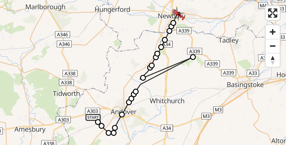 Flight route map: Air Ambulance Helicopter to Newbury, Brookvale Court