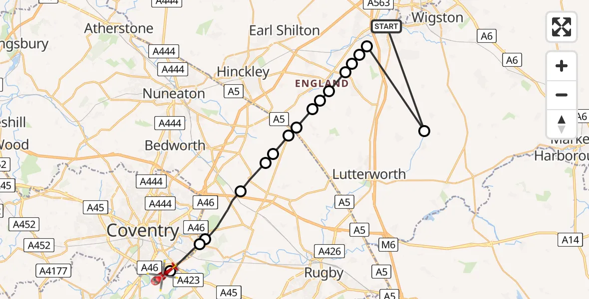 Flight route map: Air Ambulance Helicopter to Coventry Airport, Coventry Airport