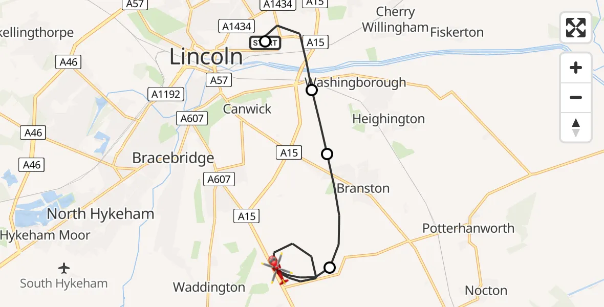 Flight route map: Air Ambulance Helicopter to North Kesteven, Sleaford Road