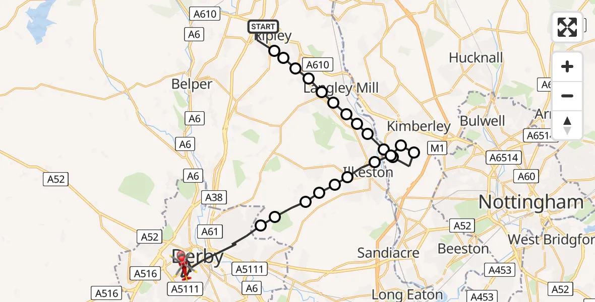 Routekaart van de vlucht: Air Ambulance Helicopter to Derby, Harrison Street