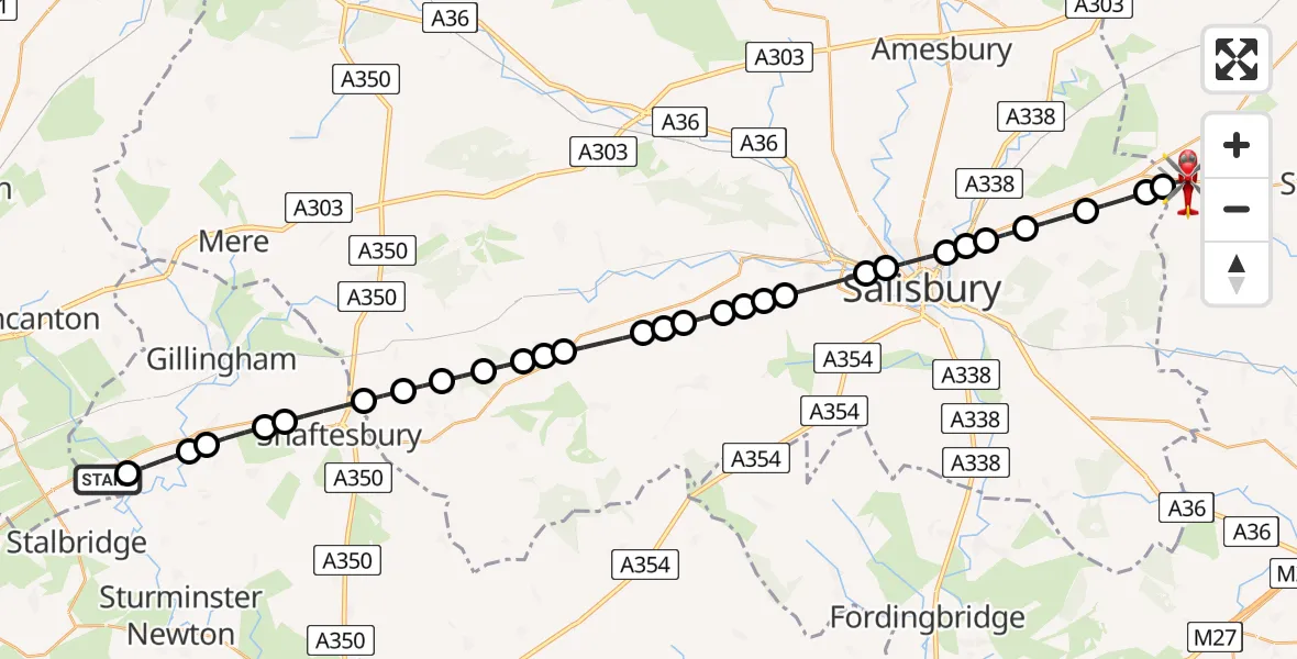 Flight route map: Air Ambulance Helicopter to Test Valley, Stockbridge Road