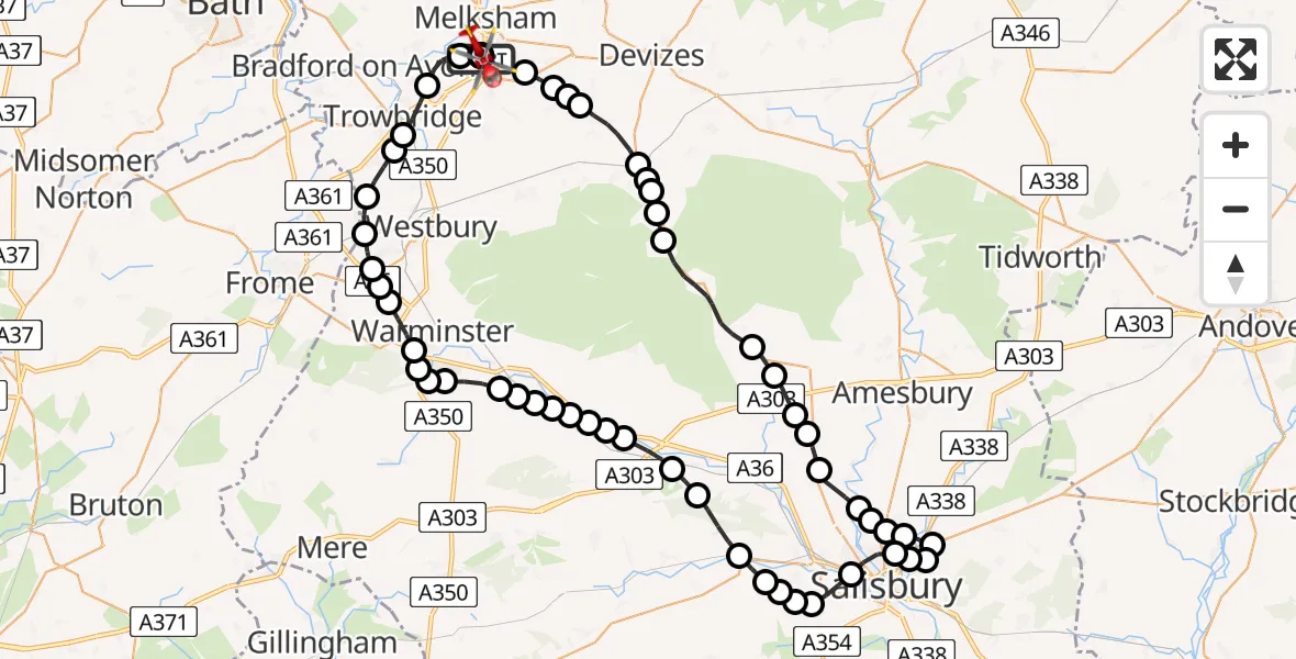 Flight path map showing Air Ambulance Helicopter route from Wiltshire Air Ambulance to Wiltshire Air Ambulance