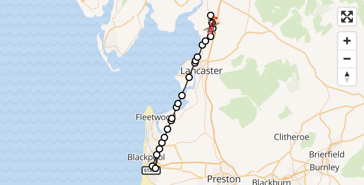 Routekaart van de vlucht: Air Ambulance Helicopter to Yealand Conyers, A6
