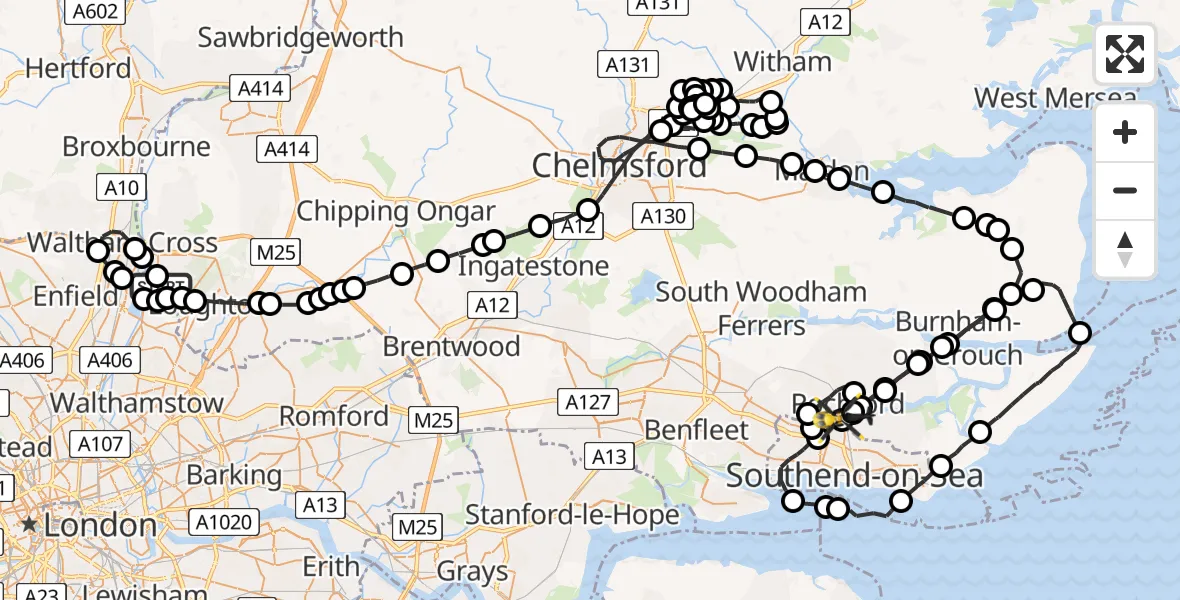 Flight route map: Police Helicopter to London Southend Airport, London Southend Airport
