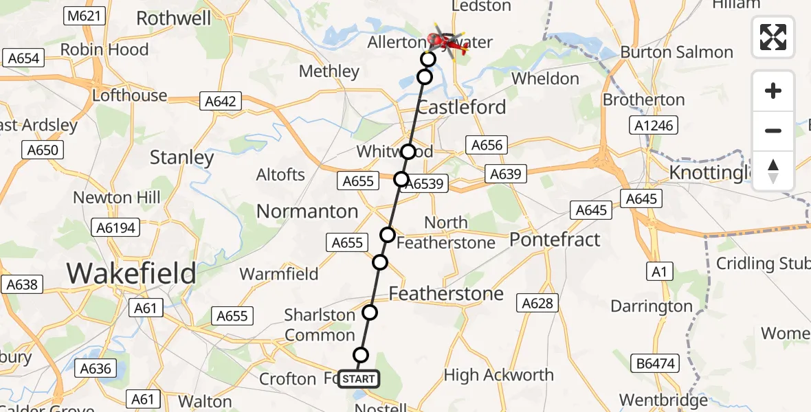 Flight route map: Air Ambulance Helicopter to Allerton Bywater, Station Road