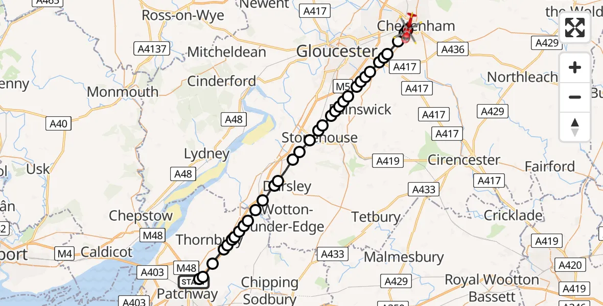 Flight route map: Air Ambulance Helicopter to Cheltenham, Lansdown Terrace Lane
