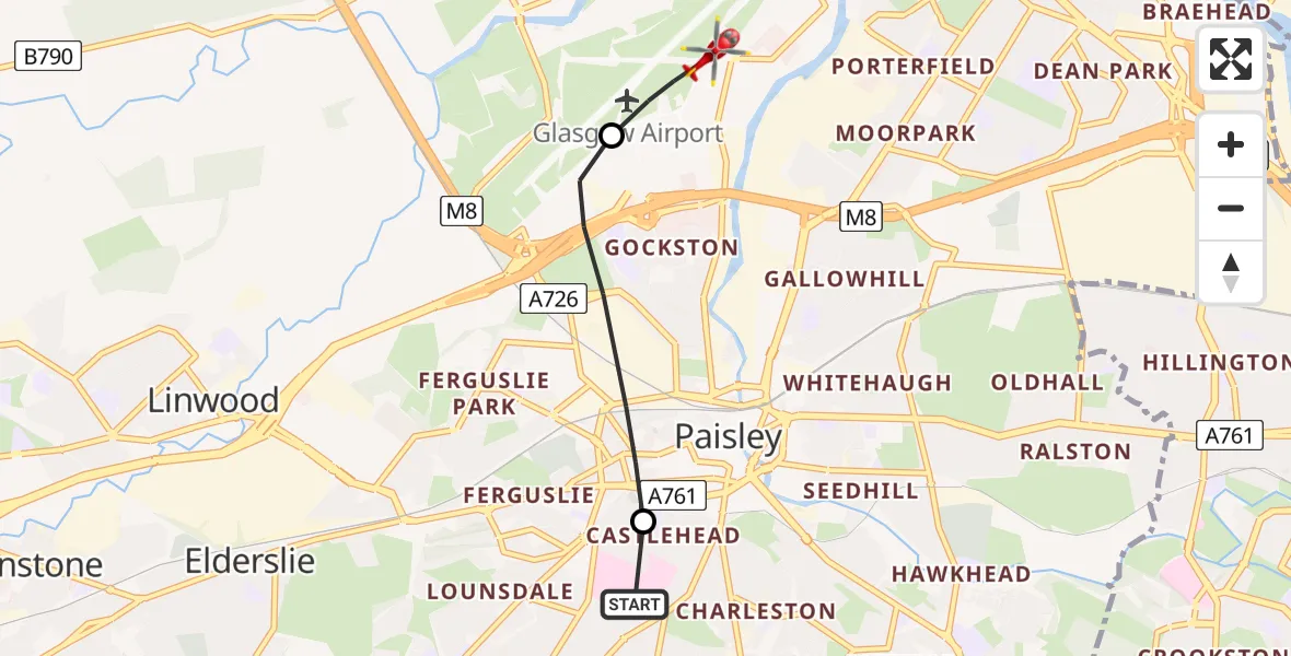 Flight route map: Air Ambulance Helicopter to Glasgow Airport, Glasgow Airport