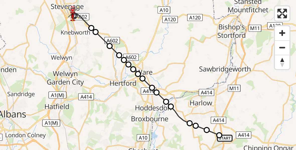 Flight route map: Air Ambulance Helicopter to Stevenage, Broadhall Way