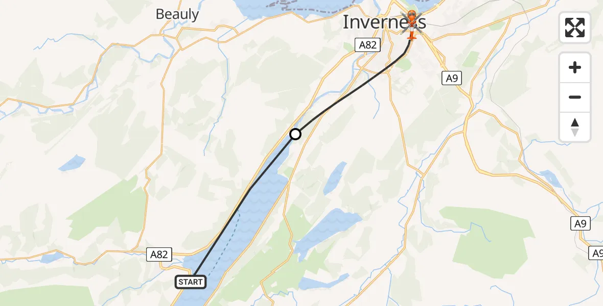 Flight route map: Coastguard Helicopter to Inverness, Raigmore Gardens