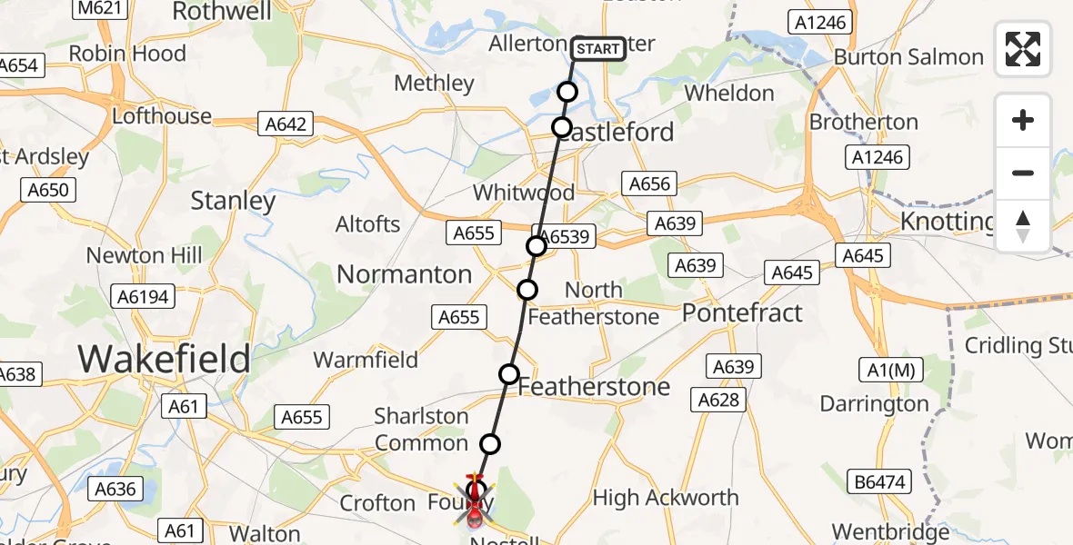 Flight route map: Air Ambulance Helicopter to YAA Nostell Helicopter Port, YAA Nostell Helicopter Port