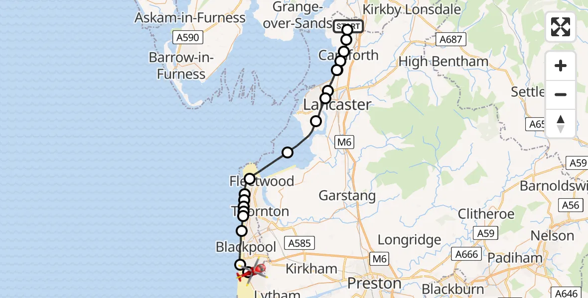 Routekaart van de vlucht: Air Ambulance Helicopter to Blackpool Airport, Blackpool Airport