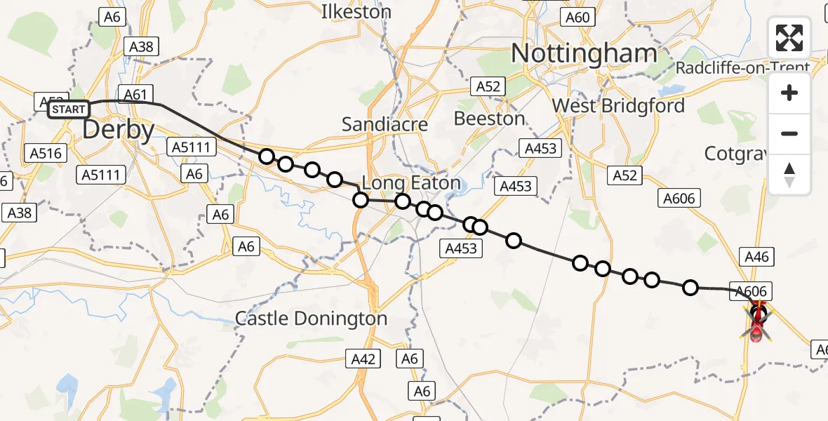 Flight route map: Air Ambulance Helicopter to Nottingham Heliport, Nottingham Heliport