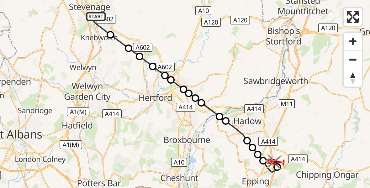 Routekaart van de vlucht: Air Ambulance Helicopter to North Weald Airfield, North Weald Airfield