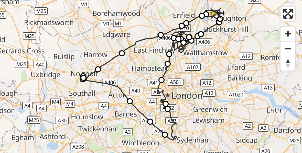 Routekaart van de vlucht: Police Helicopter to Sewardstonebury, Bury Road
