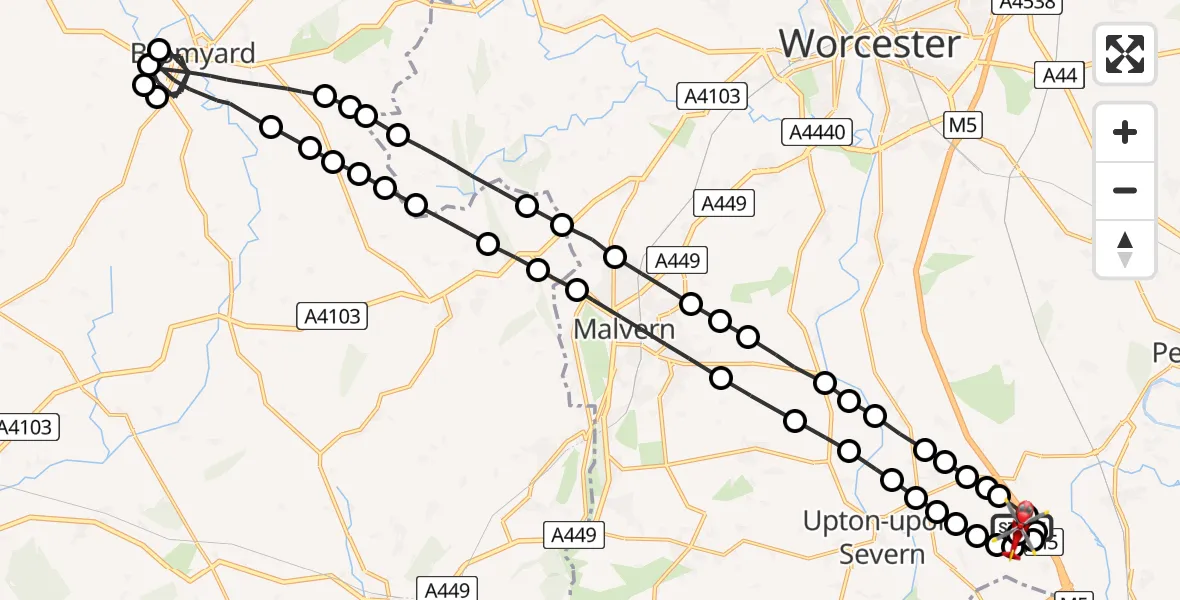 Flight route map: Air Ambulance Helicopter to Hill Croome, M5
