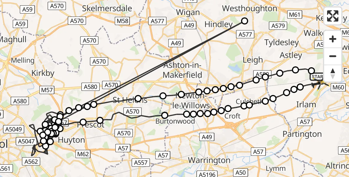 Flight route map: Police Helicopter to Worsley, Twelve Yards Road
