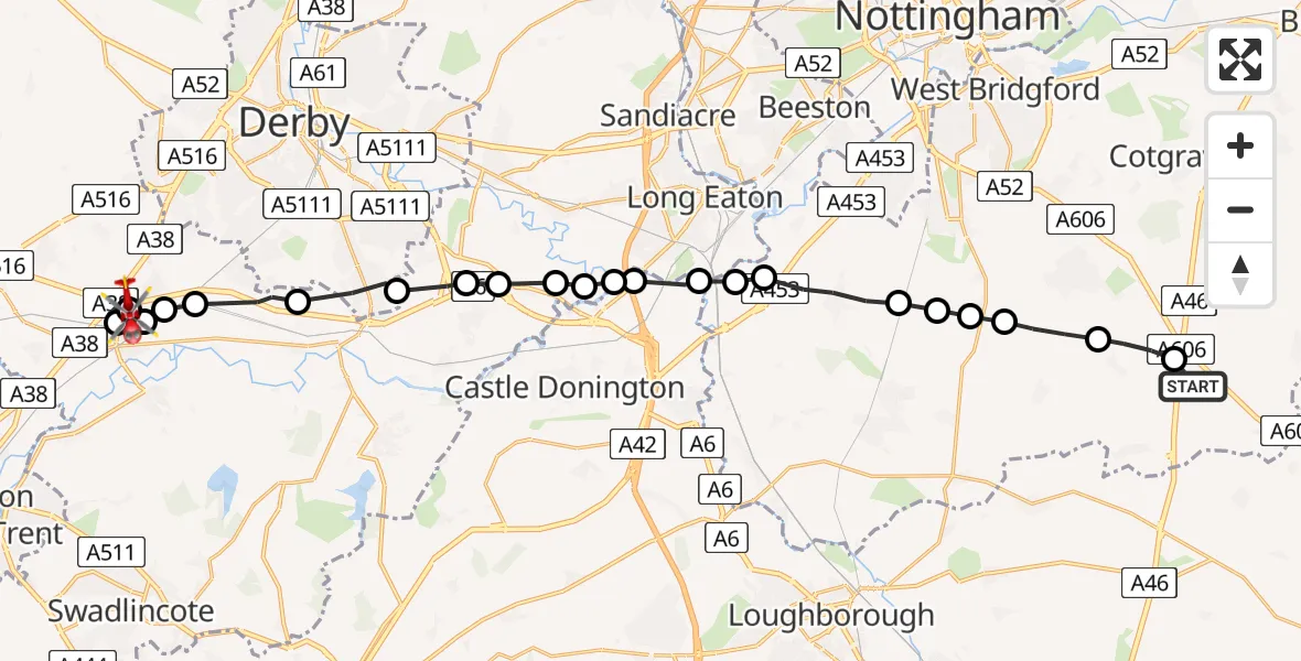 Routekaart van de vlucht: Air Ambulance Helicopter to Willington CP, Findern Lane