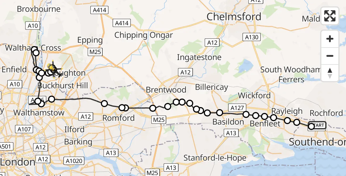 Flight route map: Police Helicopter to Sewardstonebury, Lippitts Hill