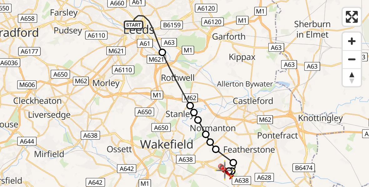 Flight route map: Air Ambulance Helicopter to YAA Nostell Helicopter Port, YAA Nostell Helicopter Port