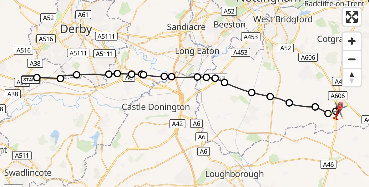 Routekaart van de vlucht: Air Ambulance Helicopter to Nottingham Heliport, Nottingham Heliport