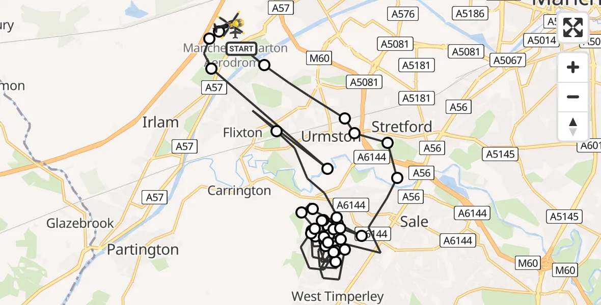Flight route map: Police Helicopter to Manchester Barton Aerodrome, Manchester Barton Aerodrome