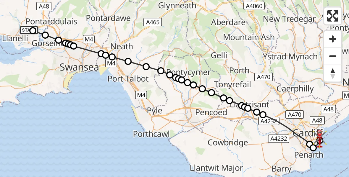 Flight route map: Air Ambulance Helicopter to Cardiff Heliport, Cardiff Heliport