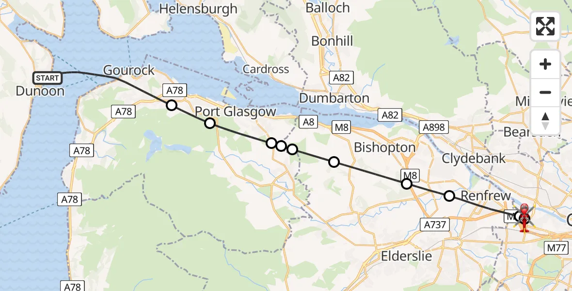 Flight route map: Air Ambulance Helicopter to Queen Elizabeth Hospital, Queen Elizabeth Hospital