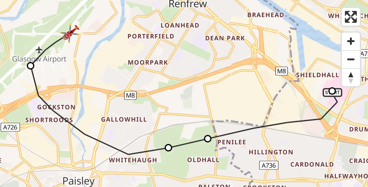 Flight route map: Air Ambulance Helicopter to Glasgow Airport, Glasgow Airport