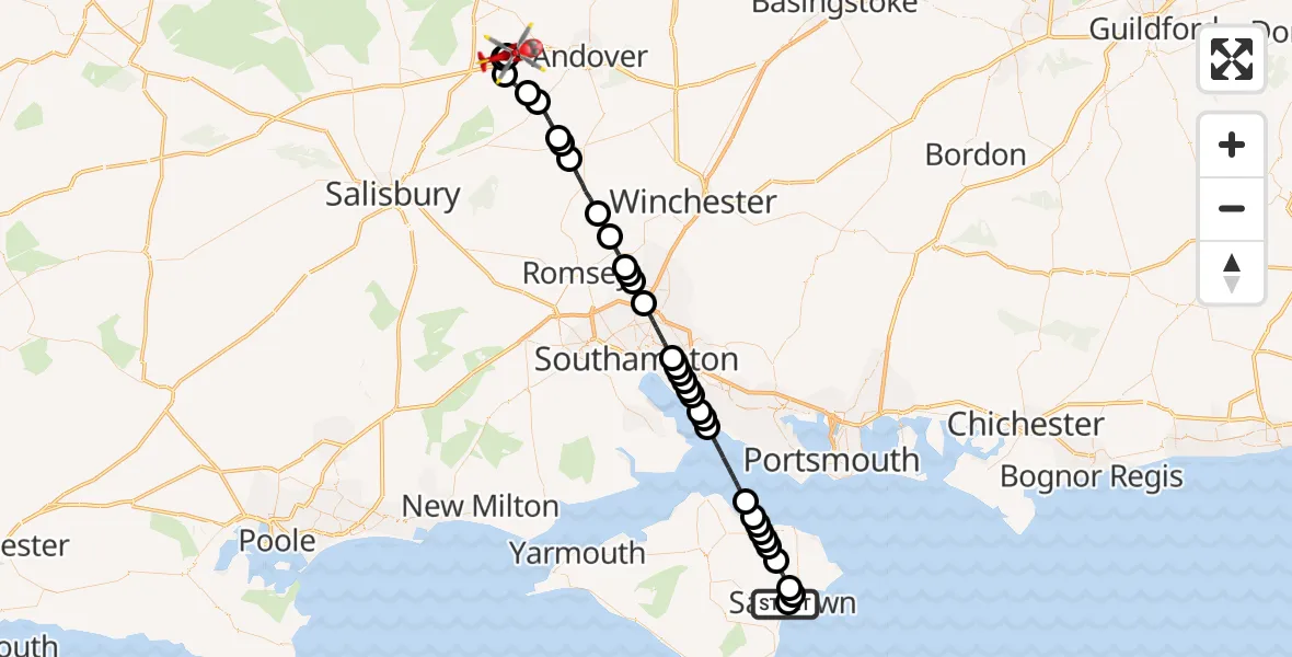 Routekaart van de vlucht: Air Ambulance Helicopter to Thruxton Aerodrome, Circuit Road