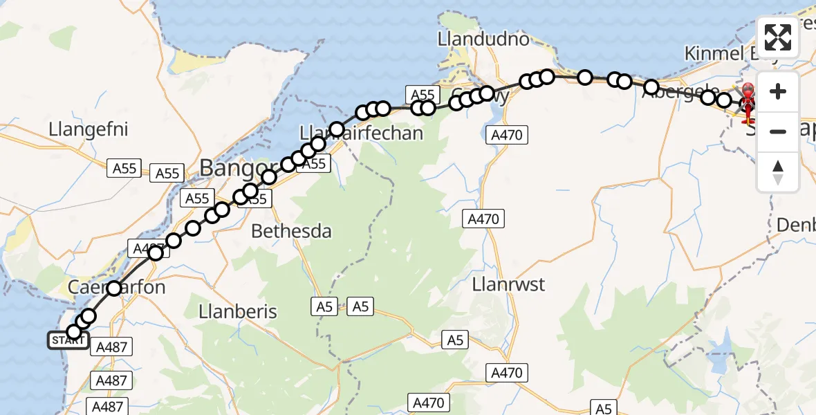 Flight route map: Air Ambulance Helicopter to Rhyl, Rhuddlan Road