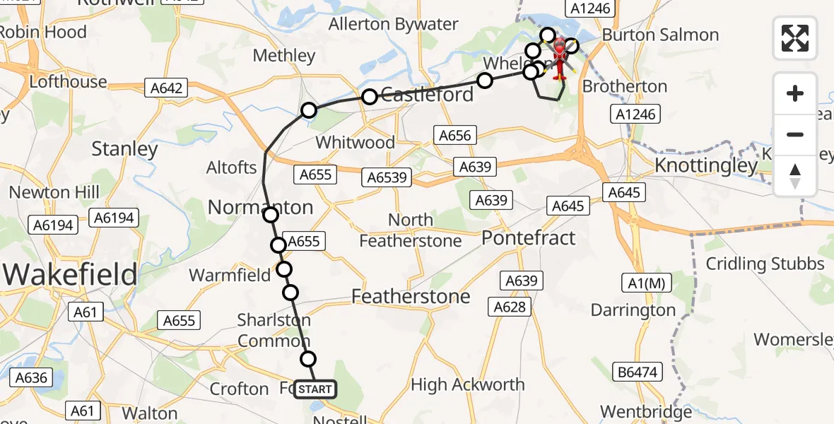 Flight route map: Air Ambulance Helicopter to Wheldon, Watling Road