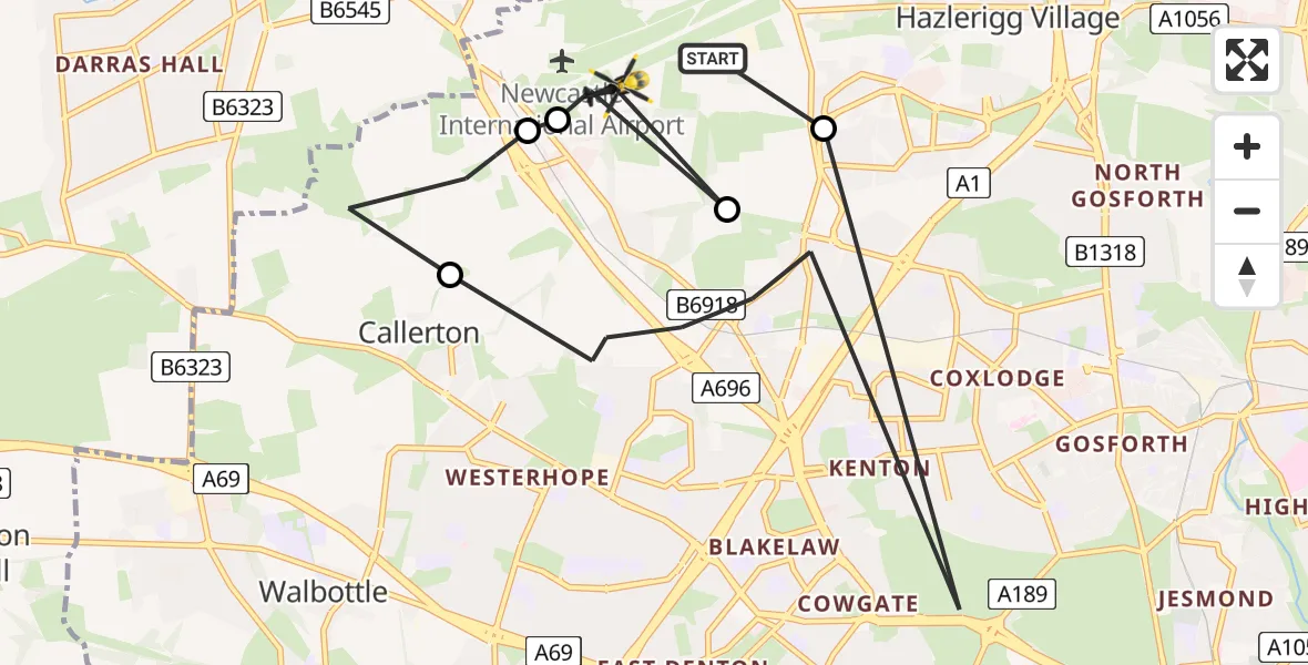 Flight route map: Police Helicopter to Newcastle International Airport, Newcastle International Airport