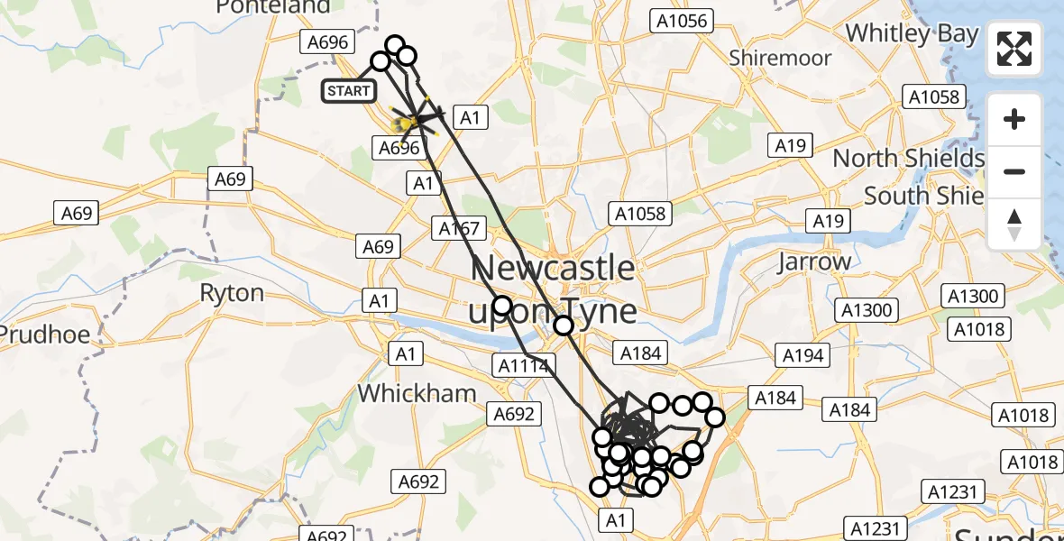 Flight route map: Police Helicopter to Newcastle upon Tyne, Falcon Way