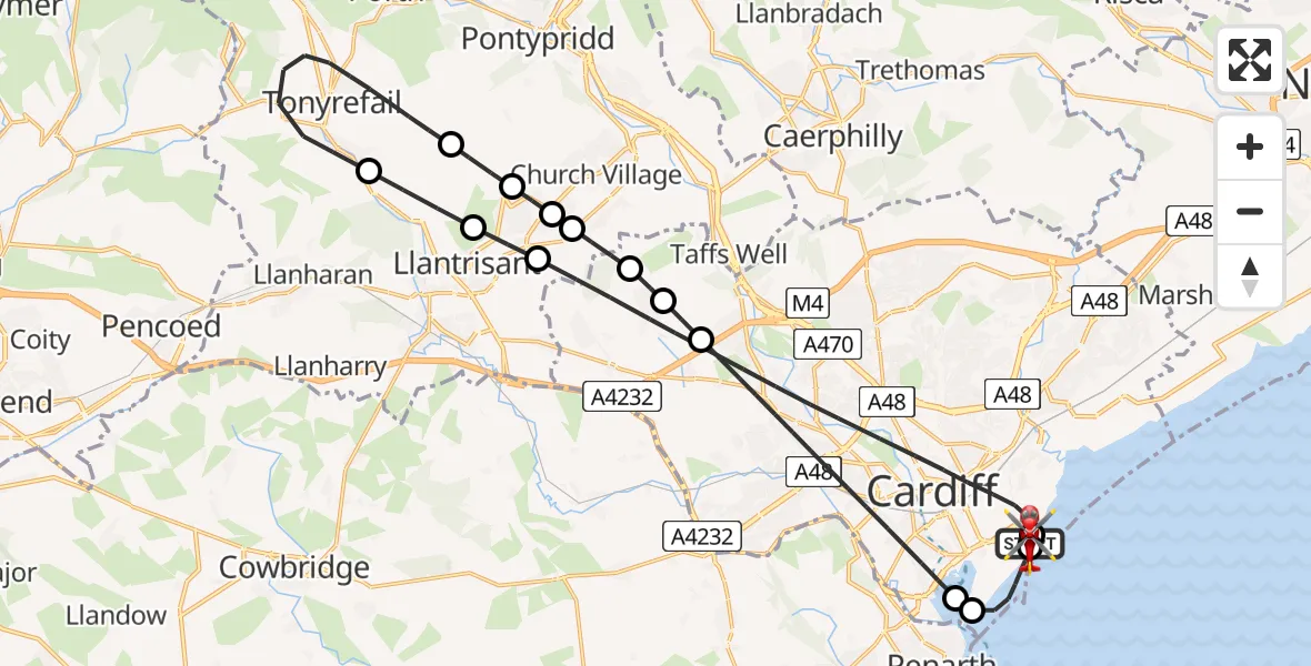 Flight route map: Air Ambulance Helicopter to Cardiff Heliport, Cardiff Heliport