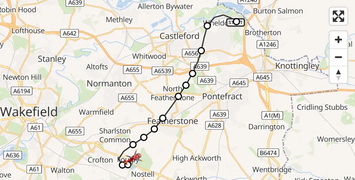 Routekaart van de vlucht: Air Ambulance Helicopter to YAA Nostell Helicopter Port, YAA Nostell Helicopter Port