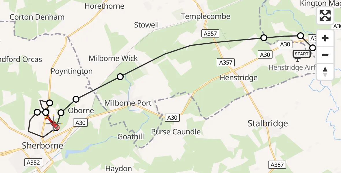 Flight route map: Air Ambulance Helicopter to Sherborne, Castle Town Way