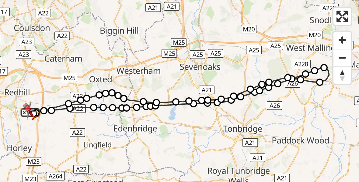 Flight route map: Air Ambulance Helicopter to Redhill Aerodrome, Redhill Aerodrome