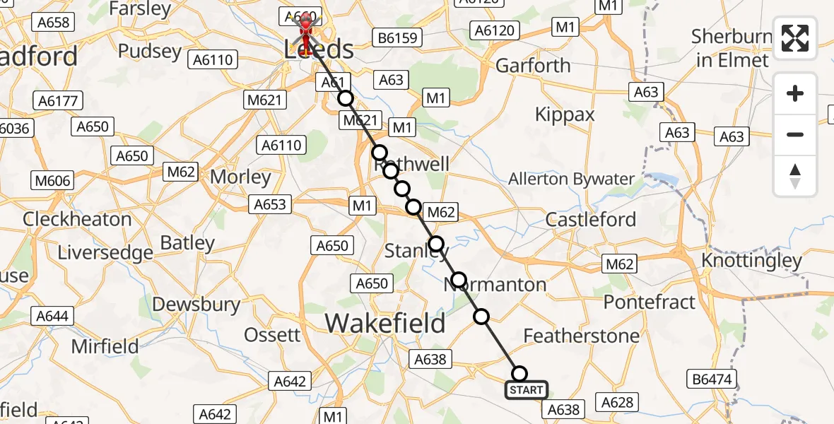 Flight route map: Air Ambulance Helicopter to Leeds, Woodhouse Lane