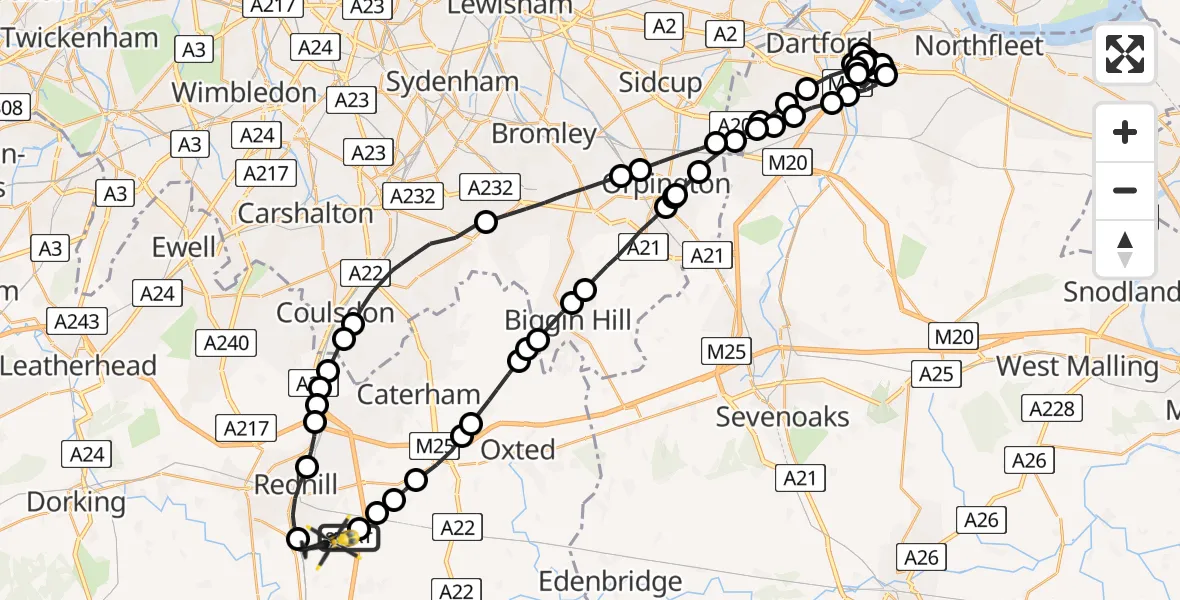 Flight route map: Police Helicopter to Redhill Aerodrome, Redhill Aerodrome