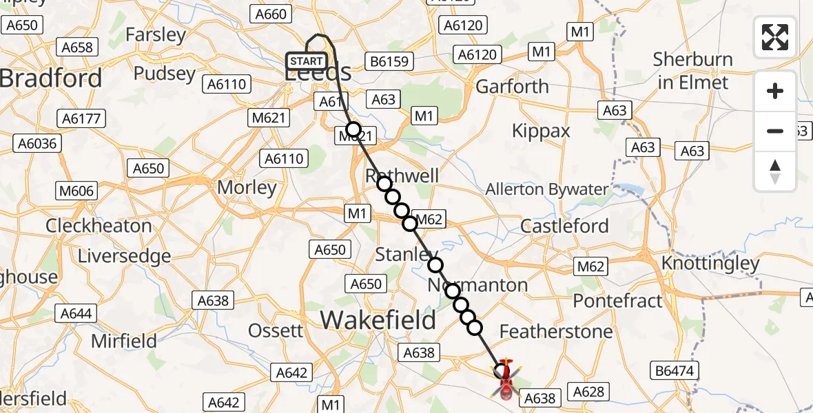 Flight route map: Air Ambulance Helicopter to YAA Nostell Helicopter Port, YAA Nostell Helicopter Port