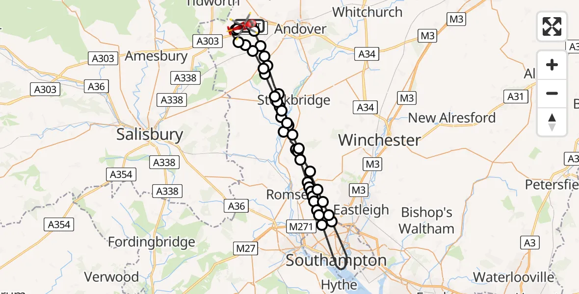 Flight route map: Air Ambulance Helicopter to Thruxton Aerodrome, Thruxton Aerodrome