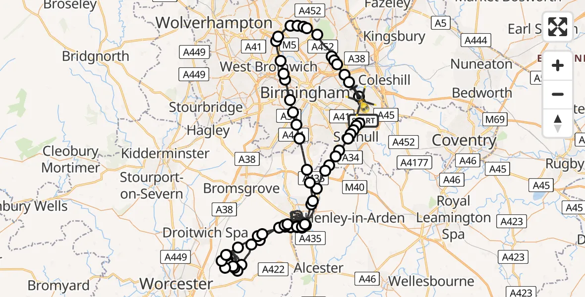 Flight route map: Police Helicopter to Tile Cross, Mackadown Lane